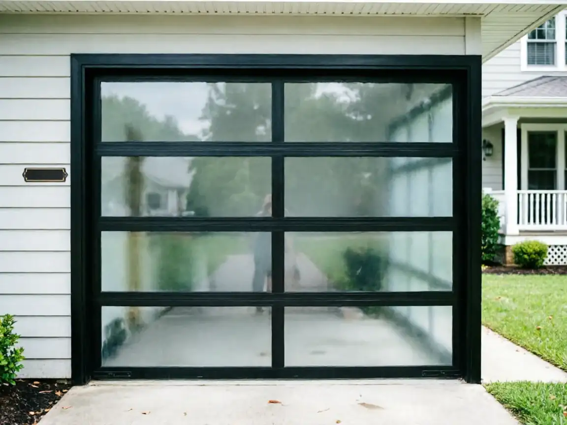 A modern black garage door with frosted glass panels on a white house.