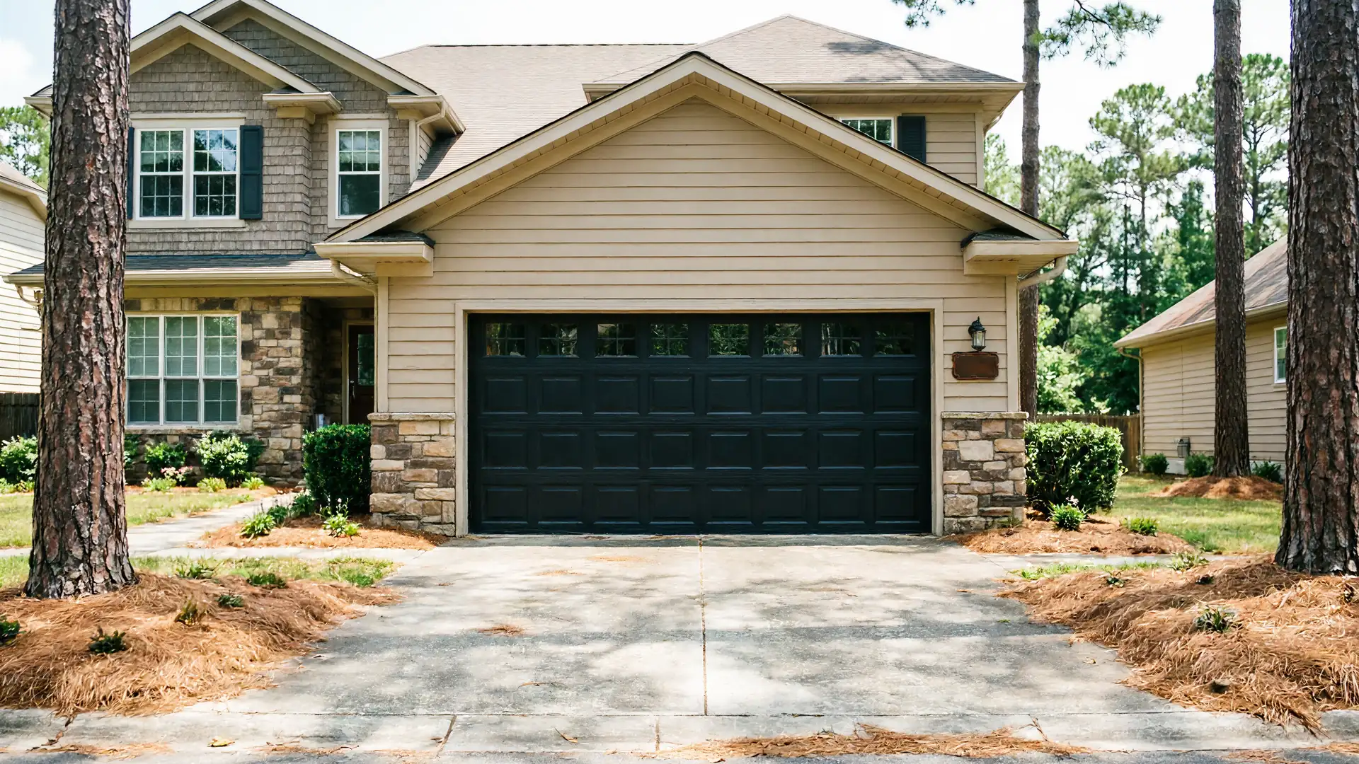 A two-story house with a black garage door and a concrete driveway.