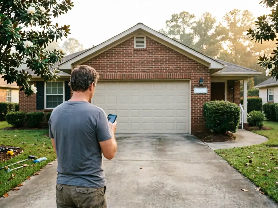 A man stands in a driveway looking at his phone in front of a house.