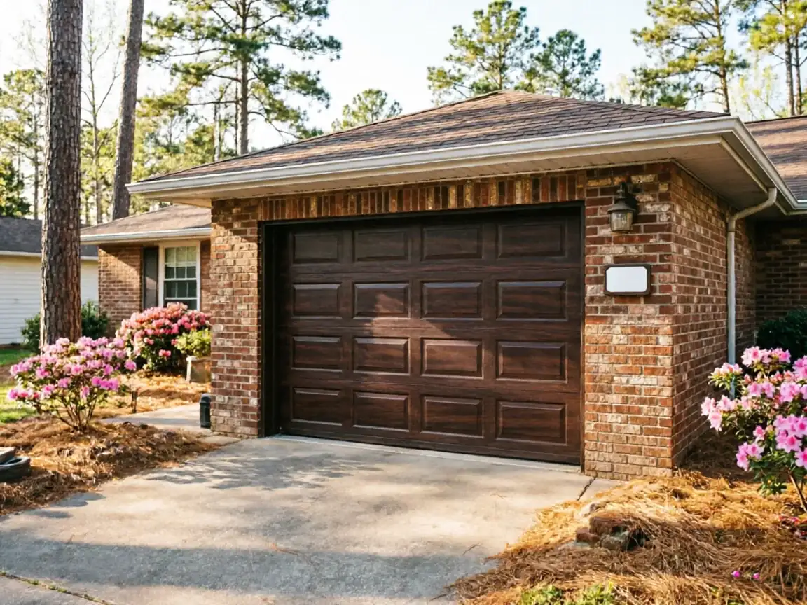 A brown paneled garage door is on a brick house with pink flowers.