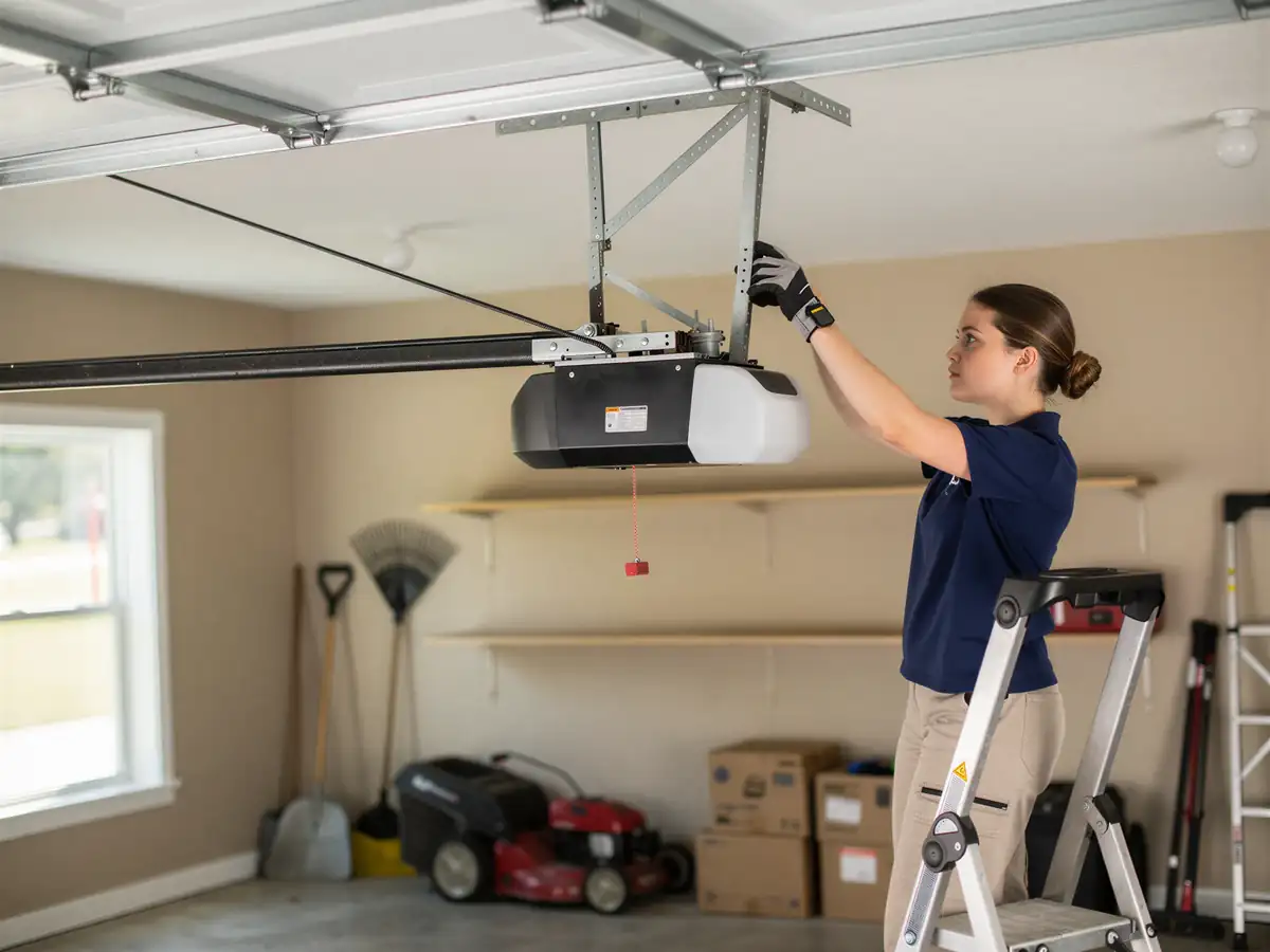 A technician on a ladder installs a garage door opener in a garage.