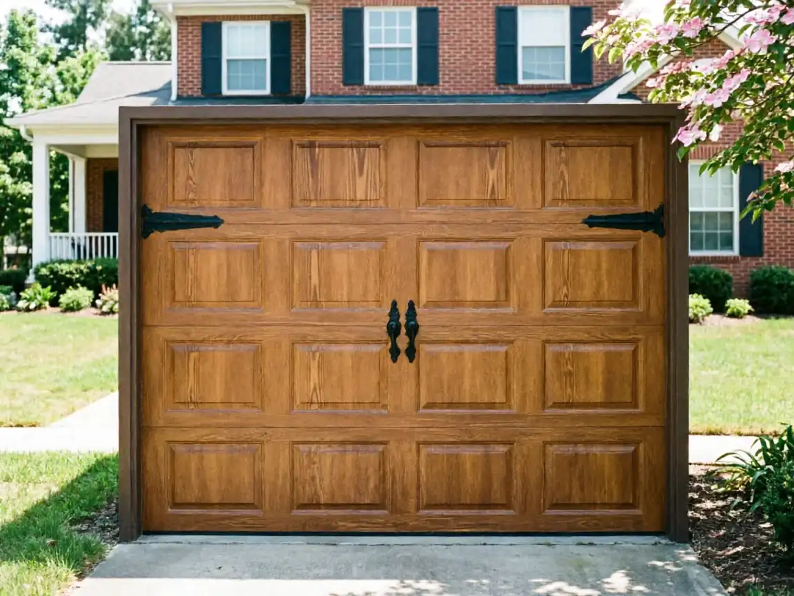 A brown paneled garage door with decorative black hardware is closed.